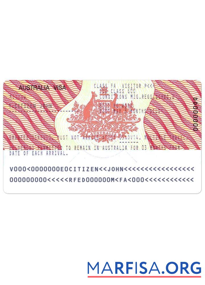 Printable Australia visa example